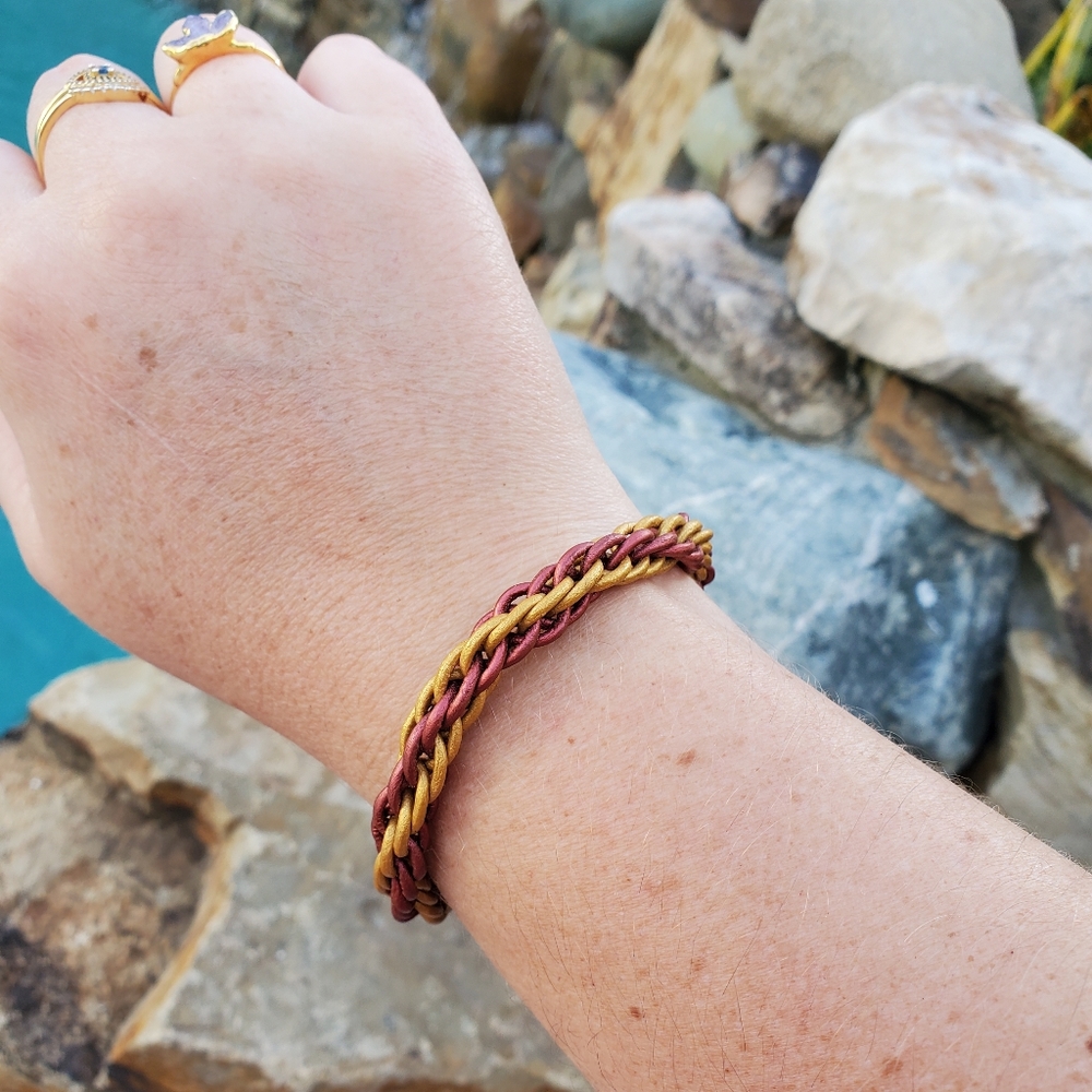 Burgundy and Gold braided leather bracelet